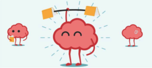 cartoon of a brain working out using books as weights