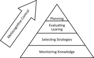 Hierarchy of Metacognitive Control, with Monitoring Knowledge at the bottom, followed by Selecting Strategies, Then Evaluating Learning, with Planning at the top