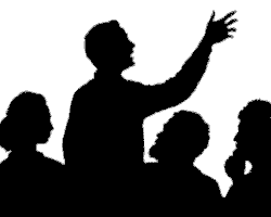 silhouette image of 4 people with one talking and the others listening