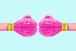 photo of hot pink boxing gloves in the shape of human brains worn on two hands reaching toward each other, so it looks like the two brans will punch each other