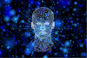 wireframe image of a human head facing forward wit blue points like starts surrounding it.