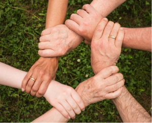 photo of 5 hands making a circle by gripping adjacent wrists