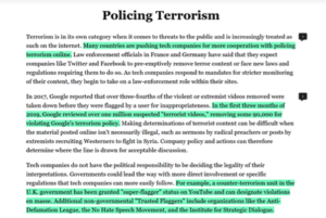 screen shot of article on policing terrorism with highlights