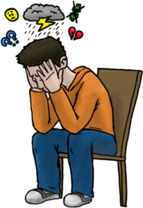 cartoon of guy sitting in chair and overwhelmed by negative thoughts