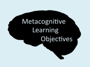 silhouette shape of brain with the words "metacognitive learning objectives"inside the shape