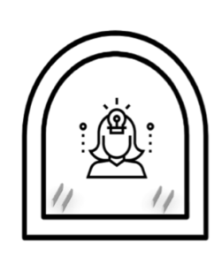 icon image of woman's head within a mirror frame, with a lightbulb at the top of her head, indicating thinking