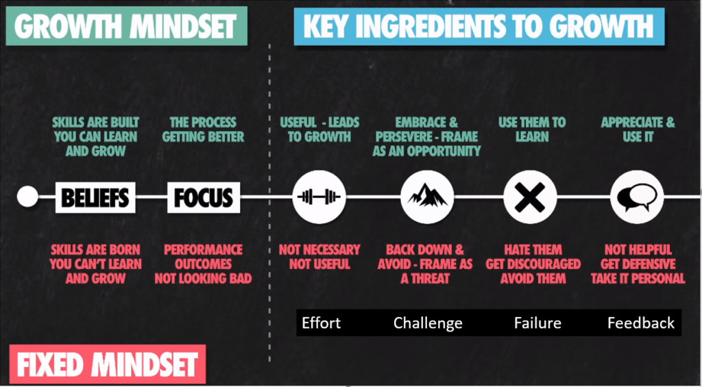 diagram showing the opposite nature of fixed and growth mindset with respect to how people view effort, challenge, failure and feedback. From https://trainugly.com/portfolio/growth-mindset/