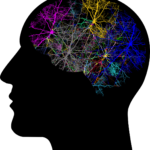 Black silhouette of a human head with colored neurons inside it