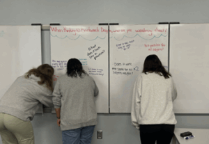 Three students writing on a white board as part of the I Wonder activity
